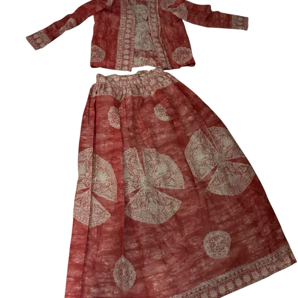 Vintage Red and Cream Lace Print Skirt and Top Set- Matching- AMAZING!!